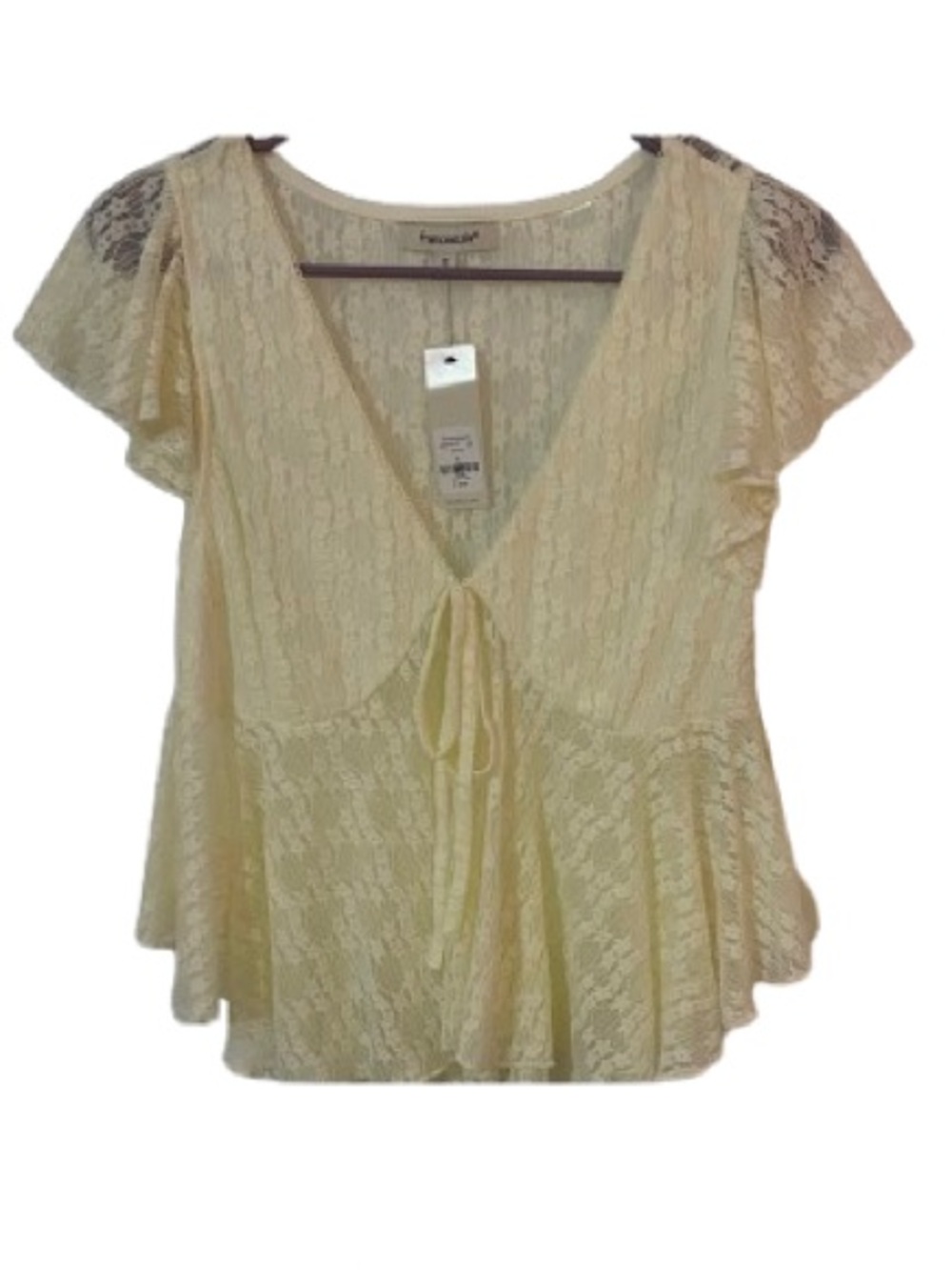 Francesca’s Sheer Lace Blouse -Cream Tie Front Size S